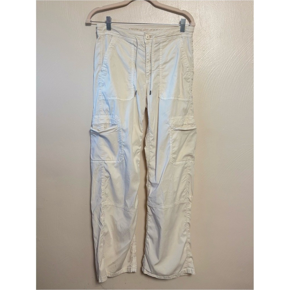 American Eagle Womens Pants Baggy Wide Leg Cargo Lyocell Pockets Stretch Cream 2
